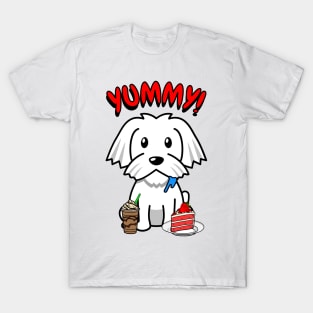 Cute white dog is having coffee and cake T-Shirt